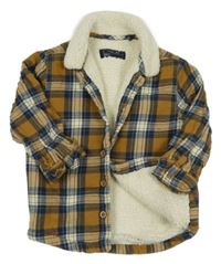 Hnedo-tmavomodro-smotanová kockovaná zateplená košeľová bunda Next