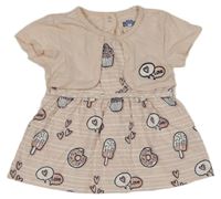 Svetloružová -biele pruhované šaty s nanuky a donuty a bolérkem