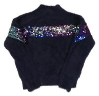 Tmavomodrý chlpatý svetrový rolák s flitrami PRIMARK