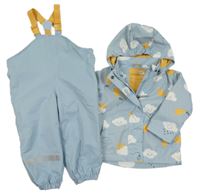 2Set - Světlemodrošedá šusťáková jarní bunda s obláčky a draky a odepínací kapucí + laclové podšité kalhoty 