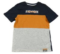 Tmavomodro-oranžovo-světlešedé/melírované tričko s nápismi a nášivkou C&A