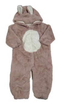 Starorůžovo-biela kožušinová podšitá kombinéza s kapucňou s uškami zn. Next