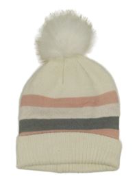 Smetanovo-růžovo-šedá čepice s pruhy a bambulí