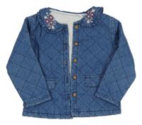 Modrá prošívaná zateplená košilová bunda riflového vzhledu s límečkem s květy Tu