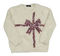 Bílý chlupatý svetr s mašlí z flitrů V by Very