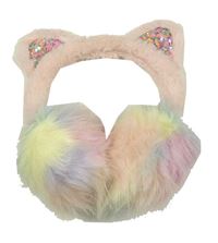 Růžovo-barevné kožešinové klapky na uši s oušky s flitry