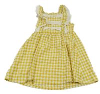 Okrovo-biele kockované šaty s volániky s madeirou Shein