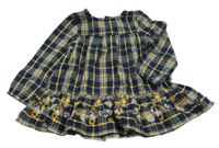 Tmavomodro-žlto-biela kockovaná trblietavá šatová tunika s výšivkami květin Topolino