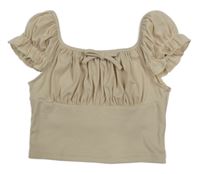 Béžové rebrované crop tričko s mašlou Shein