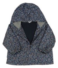 Tmavomodrá květovaná šusťáková lehce zateplená bunda s kapucí Petit Bateau