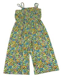 Zeleno-ružovo-modrý kvetovaný ľahký culottes overal zn. Primark