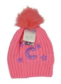 Nové - neónově ružová pletená čapica s písmenem a brmbolcom