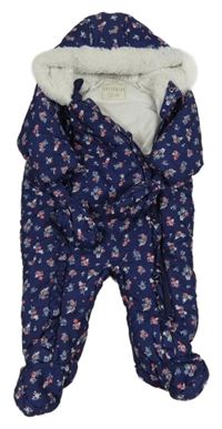 Tmavomodrá šušťáková zimná kvetovaná kombinéza s kapucí + rukavice George