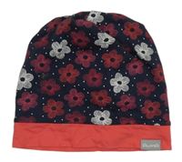 Tmavomodro-růžová květovaná elastická čepice 