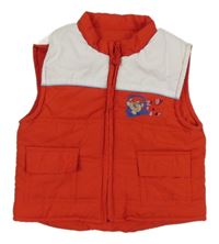 Červeno-biela šušťáková zateplená vesta s medvěďom St. Bernard