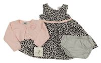 Nové - 3 set - sivo-čierne leopardí šaty + svetloružové prepínaci svetrové bolerko + kalhotky pod šaty Carter's