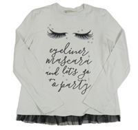 Biele tričko s řasami a nápisom a tylovým prvkem zn. Terranova