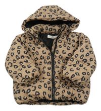 Béžovo-tmavomohnědá šušťáková zimná bunda s leopardím vzorom a kapucňou H&M