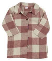 Smetanovo-ružový košeľový flaušový kockovaný kabát