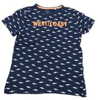 Tmavomodré tričko so žralokmi a nápisom Topolino