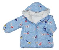 Světlemodro-bílá puntíkatá šusťáková zateplená bunda s koněm a kapucí 