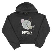 Šedá crop mikina s potiskem Nasa a kapucí H&M