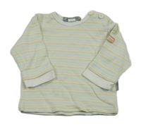 Bílo-modro-žluté pruhované triko s nášivkami