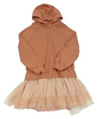 Nové - Lososovo-růžové teplákovo/tylové šaty s kapucí Next