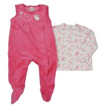 2 set - Růžové sametové dupačky s králíkem + bílé květované triko C&A