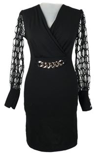 Dámské černé minišaty so sieťovanymi rukávy a řetězem
