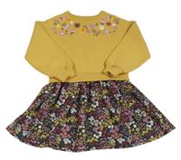 Okrové teplákové šaty s kytičkami a květovanou sukní F&F