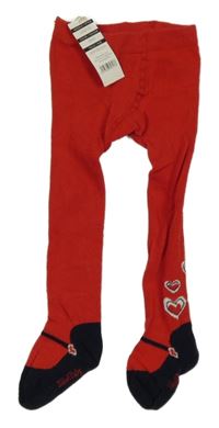 Nové - Červené punčocháče s černými špičkami a srdíčky 