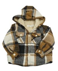 Hnedo-čierno-biela kockovaná zateplená košeľová bunda s kapucňou SHEIN