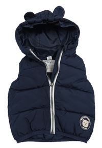Tmavomodrá prešívaná šušťáková zateplená vesta s medvedíkom a kapucňou s uškami dopodopo