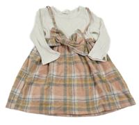 Starorůžovo-tmavošedo-okrovo-biele kockované rebrované teplákové šaty s mašlou