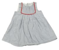 Světlemodro-biele pruhované šaty s červenou ozdobou