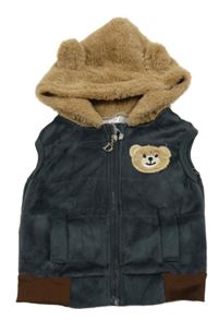 Sivo-béžová plyšová vesta s kapucňou