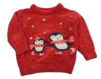 Červený žinylkový sveter s tučňáky C&A