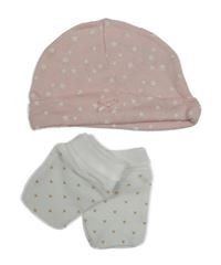 2set - Světlerůžová hvězdičkovaná čepice + bílé vzorované rukavice George
