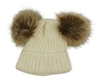 Smetanová pletená čepice s bambulemi 