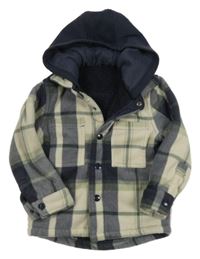 Tmavomodro-smetanovo-khaki kostkovaná plyšová košilová zateplená bunda s kapucí Dunnes