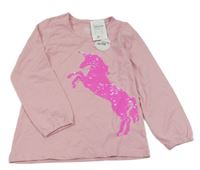 Nové - Světlerůžové triko s jednorožcem z flitrů Topolino