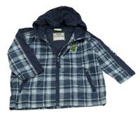 Tmavomodrá kostkovaná šusťáková jarní bunda s žabičkou a kapucí Topolino