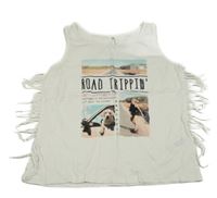 Biely crop top s potlačou a strapcemi C&A