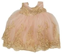 Světlerůžovo-zlaté tylové šaty s výšivkou a obručí