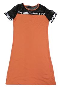 Oranžovo-čierne teplákovo/síťované šaty s nápisom Page one young