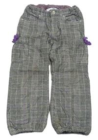 Čierno-sivo-bielo-fialové kockované vzorované cargo podšité nohavice H&M
