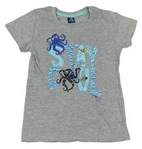 Sivé melírované tričko s chobotnicemi a nápismi Kiki&Koko