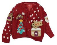 Tmavočervený vzorovaný prepínaci vianočný sveter s obrázkami a 3D perníčkem a bodkami Tu