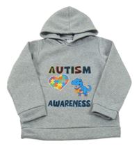 Sivá melírovaná tepláková mikina s dinosaurom a srdiečkom a nápismi a kapucňou